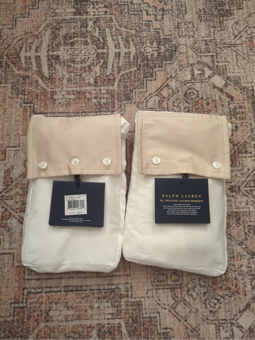 New Ralph Lauren European Sham Organic Sateen Border Coastal Sand 26x26 Set Of 2